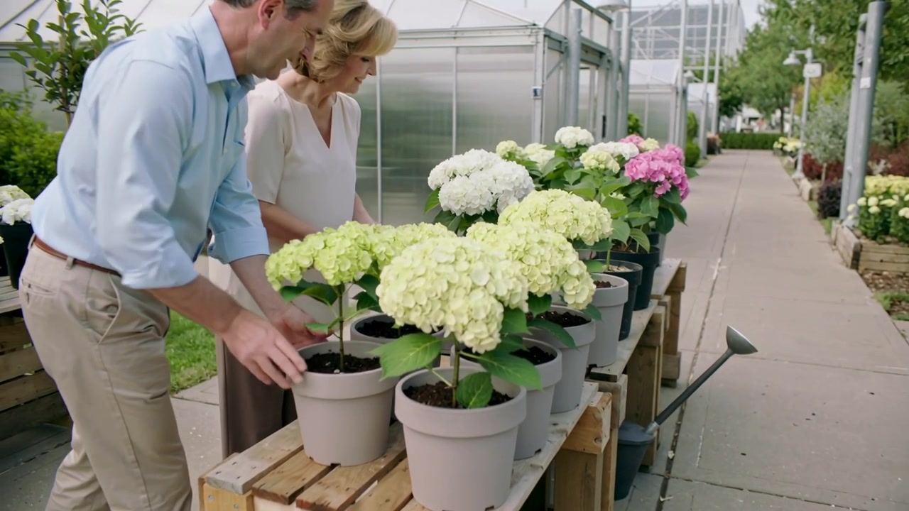 Avistando flor, casal inspecionando com blusas claras levantando hortênsias em palete, espaço para texto