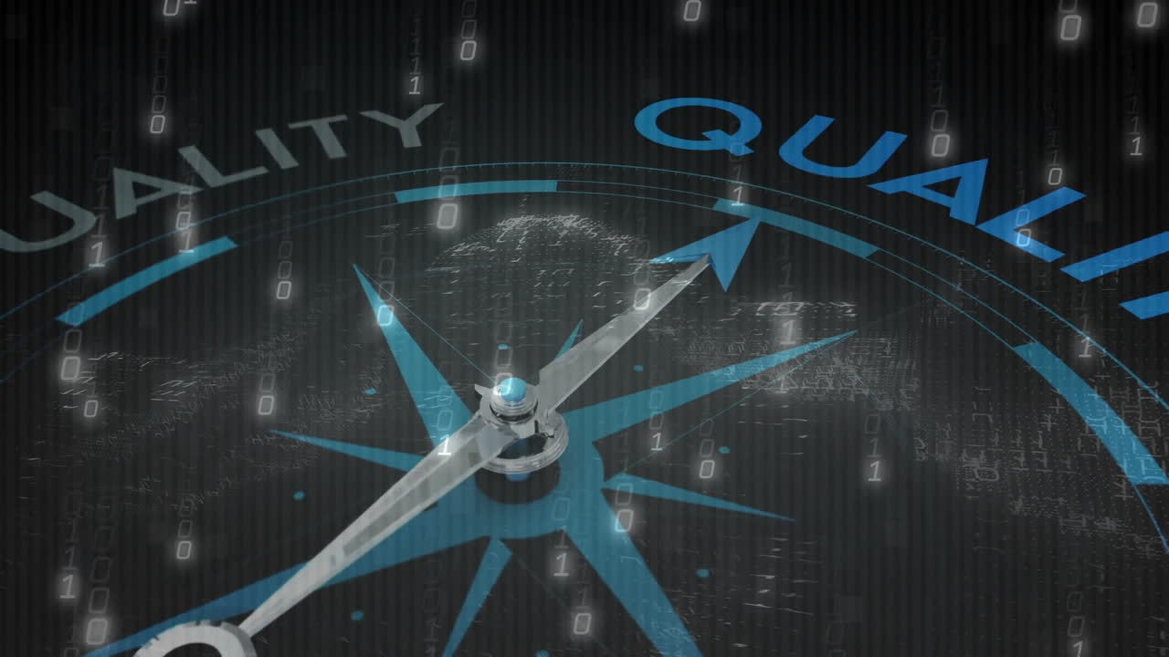 검은색 바탕에 텍스트를 가진 나침반을 통해 데이터 처리의 애니메이션