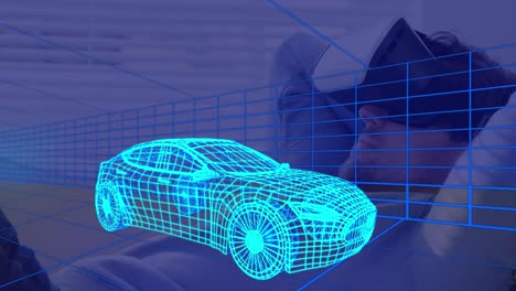 Animation-of-3d-technical-drawing-of-car,-over-man-at-home-wearing-vr-headset