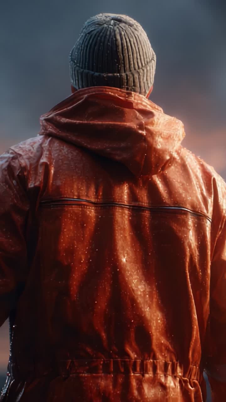 A solitary figure stands against a dramatic background, enveloped in mist and glowing hints of light, showcasing the resilience of those who brave the elements