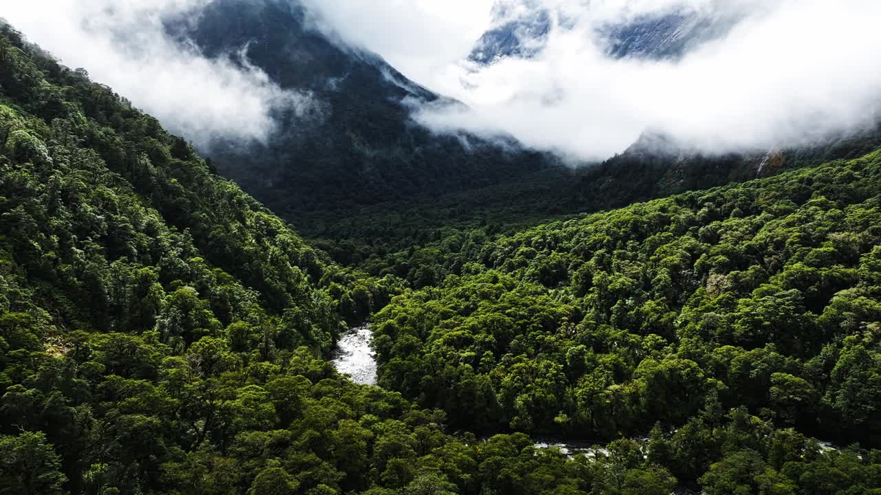 la luz del sol brilla sobre el bosque tropical y el sinuoso valle del río con nubes bajas a través de las montañas