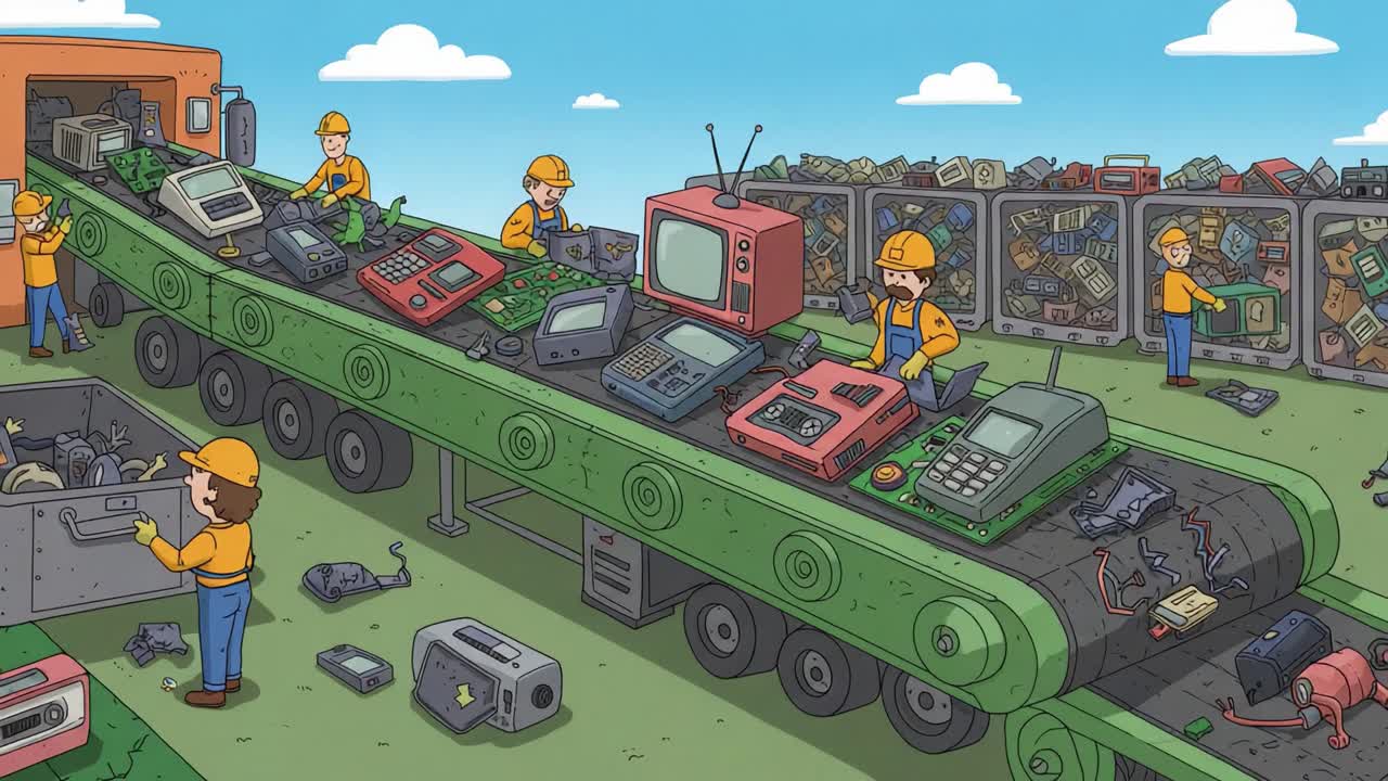 Recycling Revolution: Workers in Safety Gear Dismantling Old Electronics on a Conveyor Belt Amidst a Lush Landscape of Discarded Technology