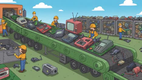 recycling revolution: workers in safety gear dismantling old electronics on a conveyor belt amidst a lush landscape of discarded technology