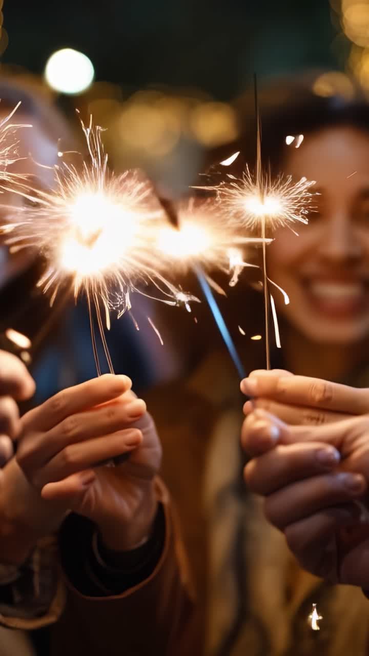 Glædelig fejring med stjernekastere i hænderne, der oplyser natten med strålende gnister og skaber en festlig atmosfære fyldt med latter og kammeratskab