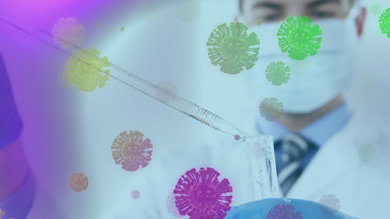 Animación de células de coronavirus COVID-19 propagándose con un trabajador de la salud de fondo.
