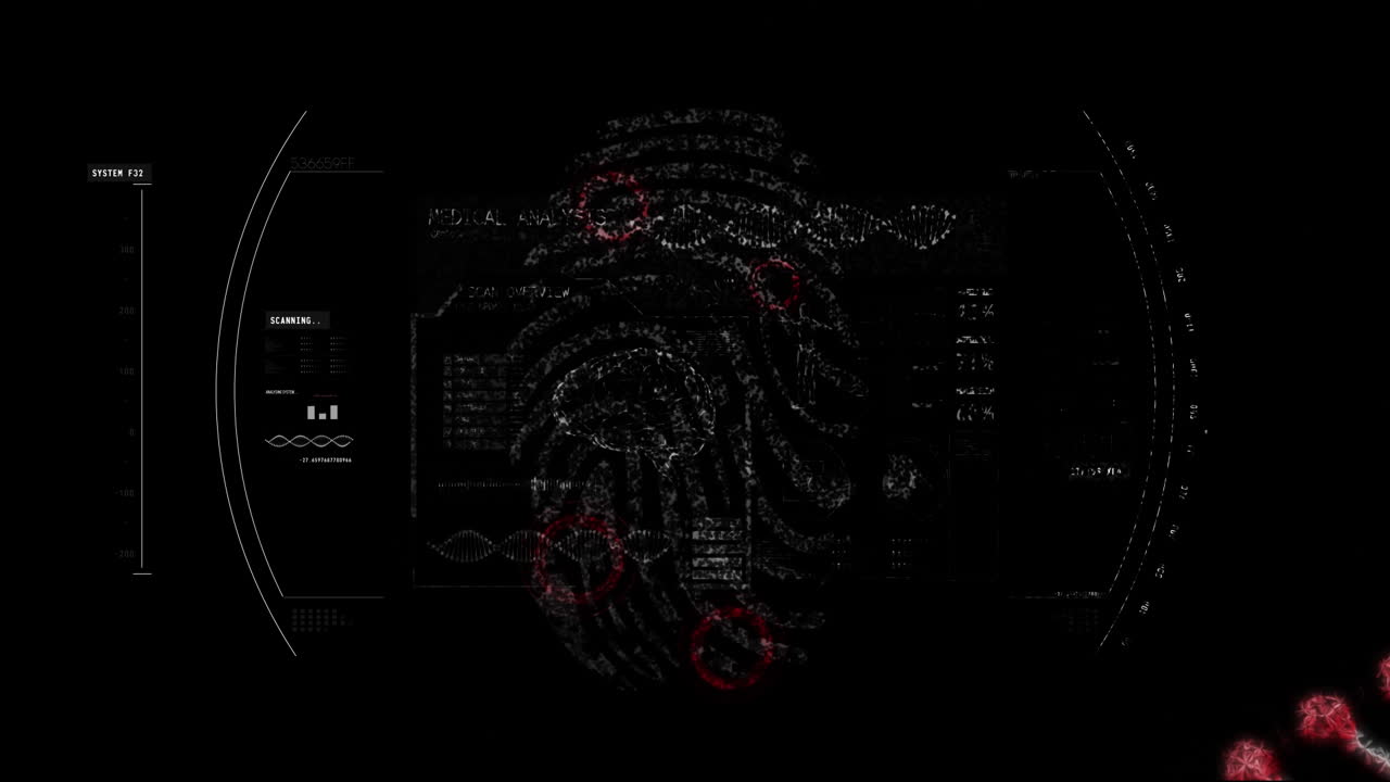 Animation of data processing and fingerprint on black background