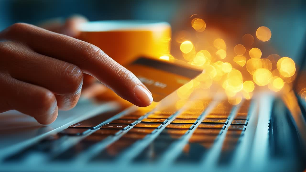 Engaging in Online Transactions: A Close-Up View of a Hand Using a Credit Card on a Laptop, with a Coffee Cup Nearby and Sparkling Lights in the Background