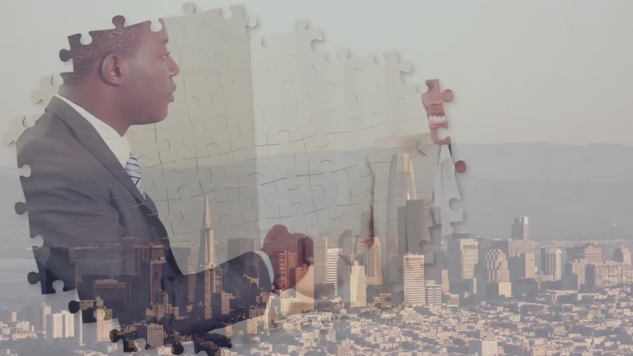 도시 풍경 위에서 비즈니스  ⁇ 드셰이크와 함께 퍼즐의 애니메이션