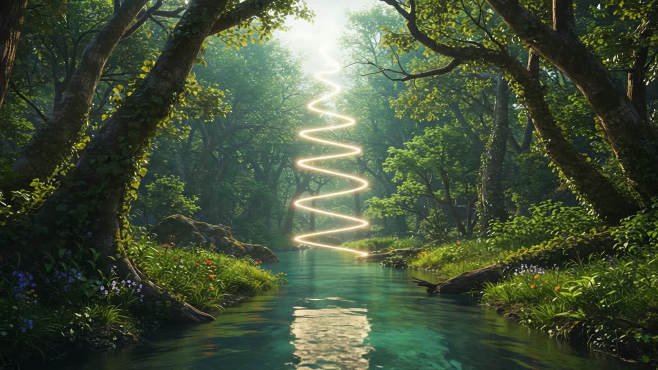 In a serene, mystical forest, a shimmering spiral of light ascends above a tranquil stream, embodying the beauty of nature and the enchantment of the wilderness