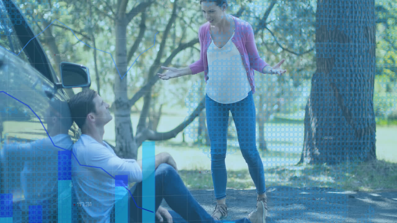 여성과 남성이 대화하는 금융 데이터 처리의 애니메이션