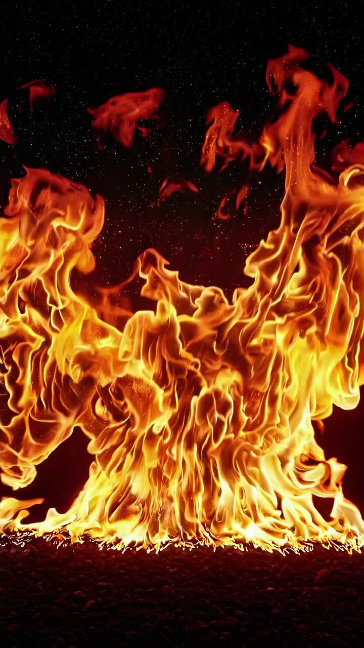 A mesmerizing video still of flames dancing upwards against a dark background, captured from a low