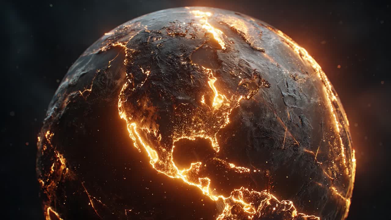 A Glowing Orb of Fiery Earth: Capturing the Stunning Contrast Between Fiery Crust and Starry Vastness of the Planet in a Dynamic Cosmic Scene