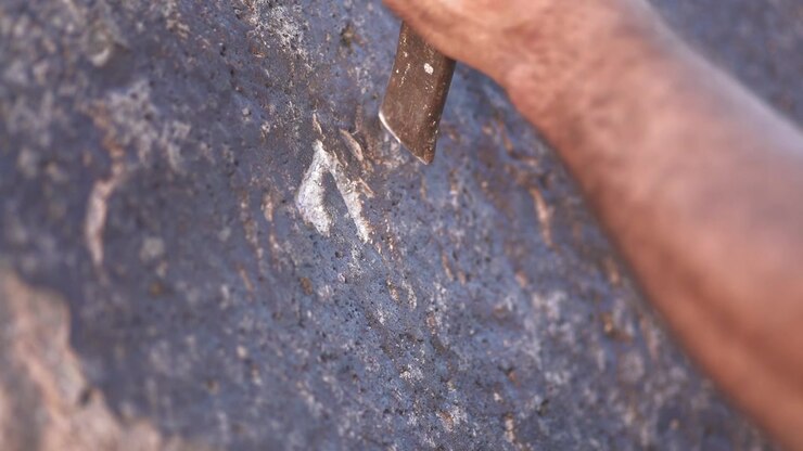 Stone Mason Carving Detail into Rock Surface with Chisel