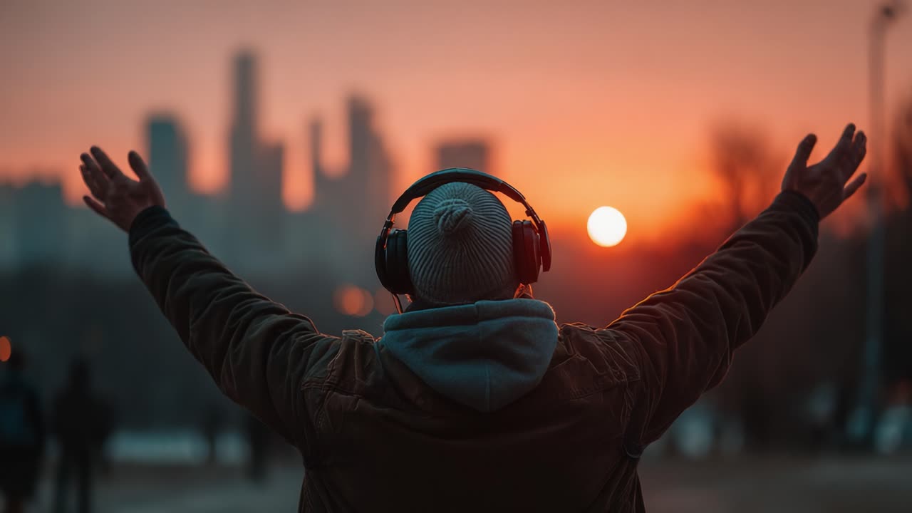 Una persona che indossa le cuffie e che abbraccia il tramonto a braccia aperte, immortalando un momento di serenità e connessione con la natura in un paesaggio urbano