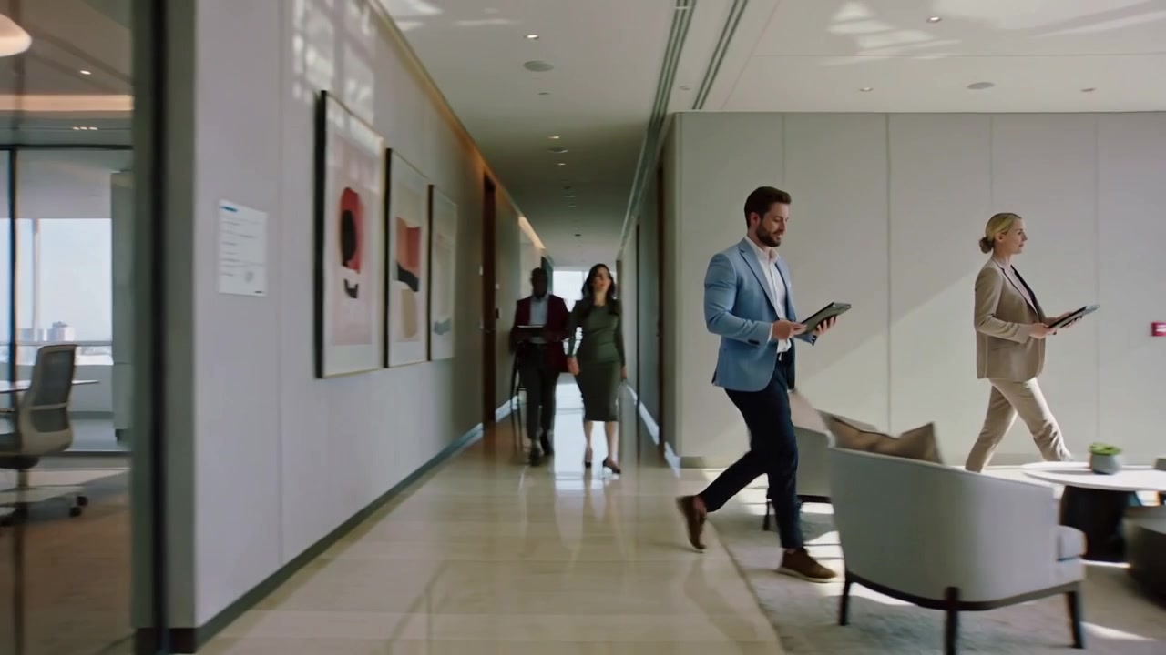 Entrando dalla sala, un team di quattro persone entra nel salone usando tablet e preparando una riunione, indossando blazer.