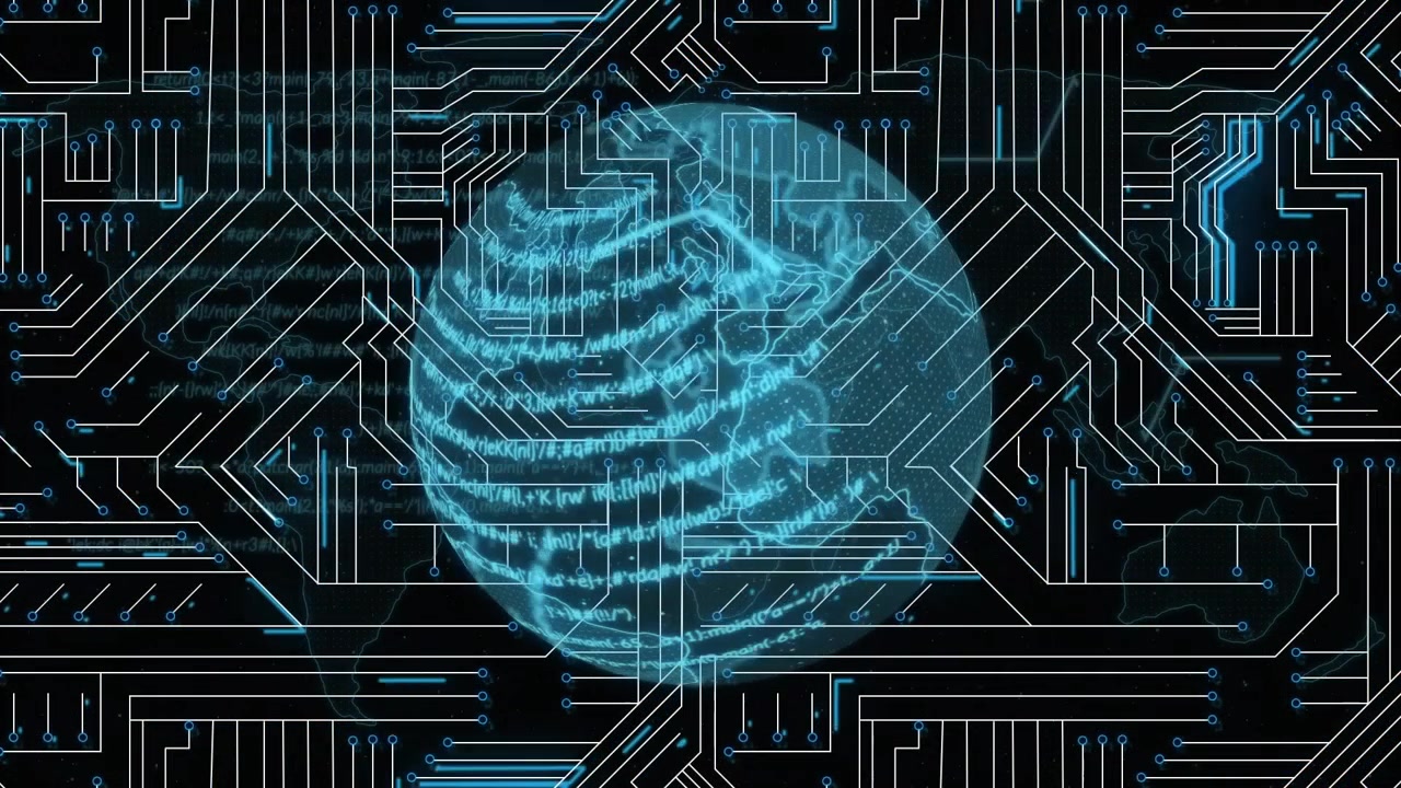 Vertical video: Neon-blue globe reacting to pulses, forming stacked bands and nodes for tech