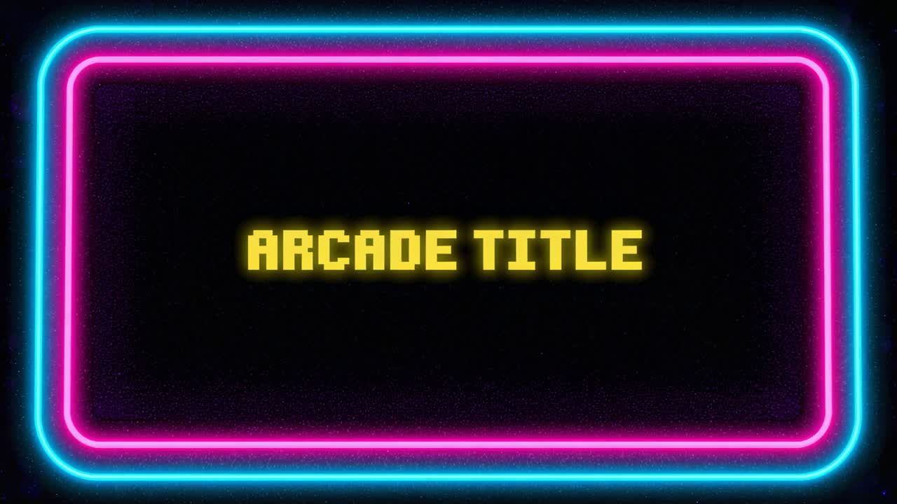 Pulsing pixelated ARCADE TITLE starting sequence on retro black display, neon border, as marquee