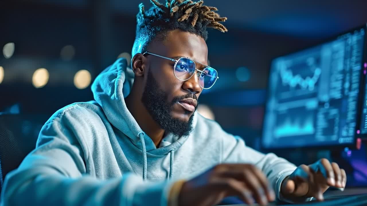A man with dreadlocks sitting at a desk in front of a computer