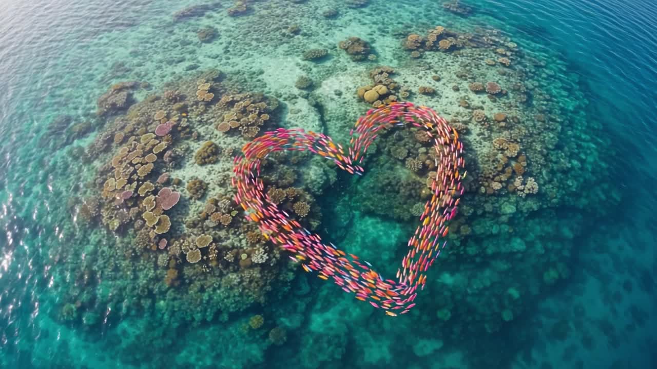 A Vibrant Heart of Colorful Fish Swimming Over Coral Reefs: A Stunning Aerial View of Marine Life's Harmony in the Ocean's Depths