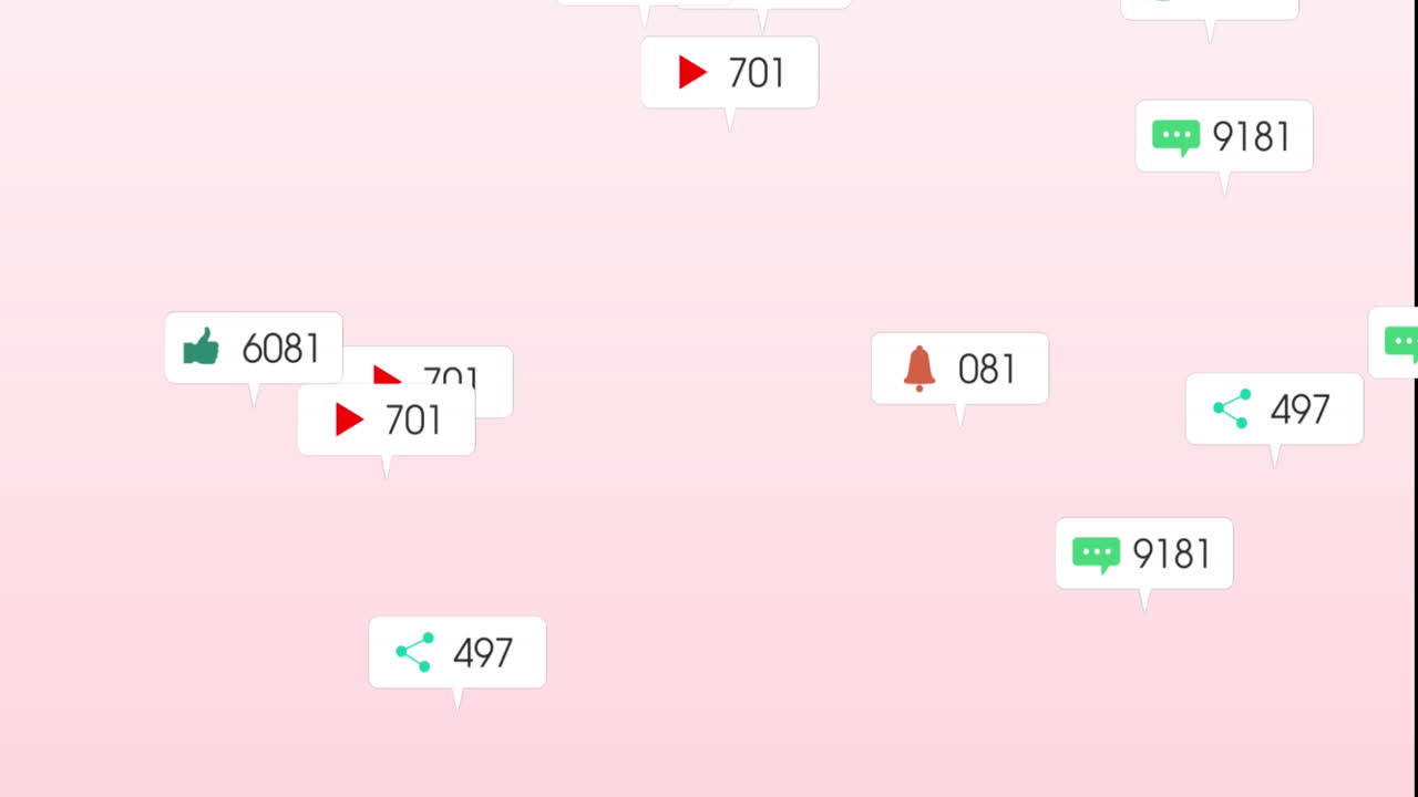 추상적인 배경에 대한 알림 바에서 변화하는 숫자와 아이콘의 애니메이션