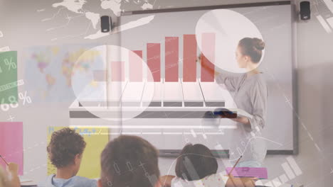 procesamiento de datos estadísticos contra la maestra caucásica que enseña en una clase en la escuela