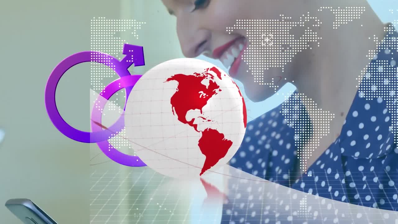 animación de iconos de género y globo sobre mujer caucásica usando teléfono inteligente.