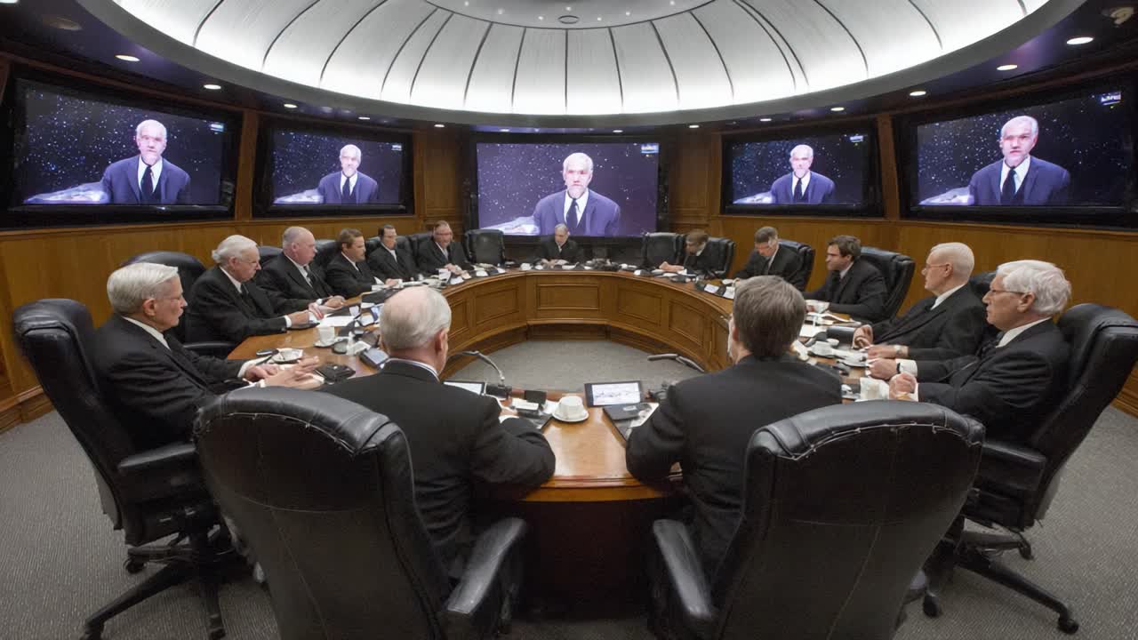 A Strategic Meeting Focused on Critical Decisions: Leaders Gather Around a Conference Table Engaged in Dialogue with a Key Speaker via Video Conference Connection