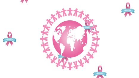 Animation-of-multiple-pink-ribbon-logo-falling-over-pink-globe-text-appearing-on-white-background