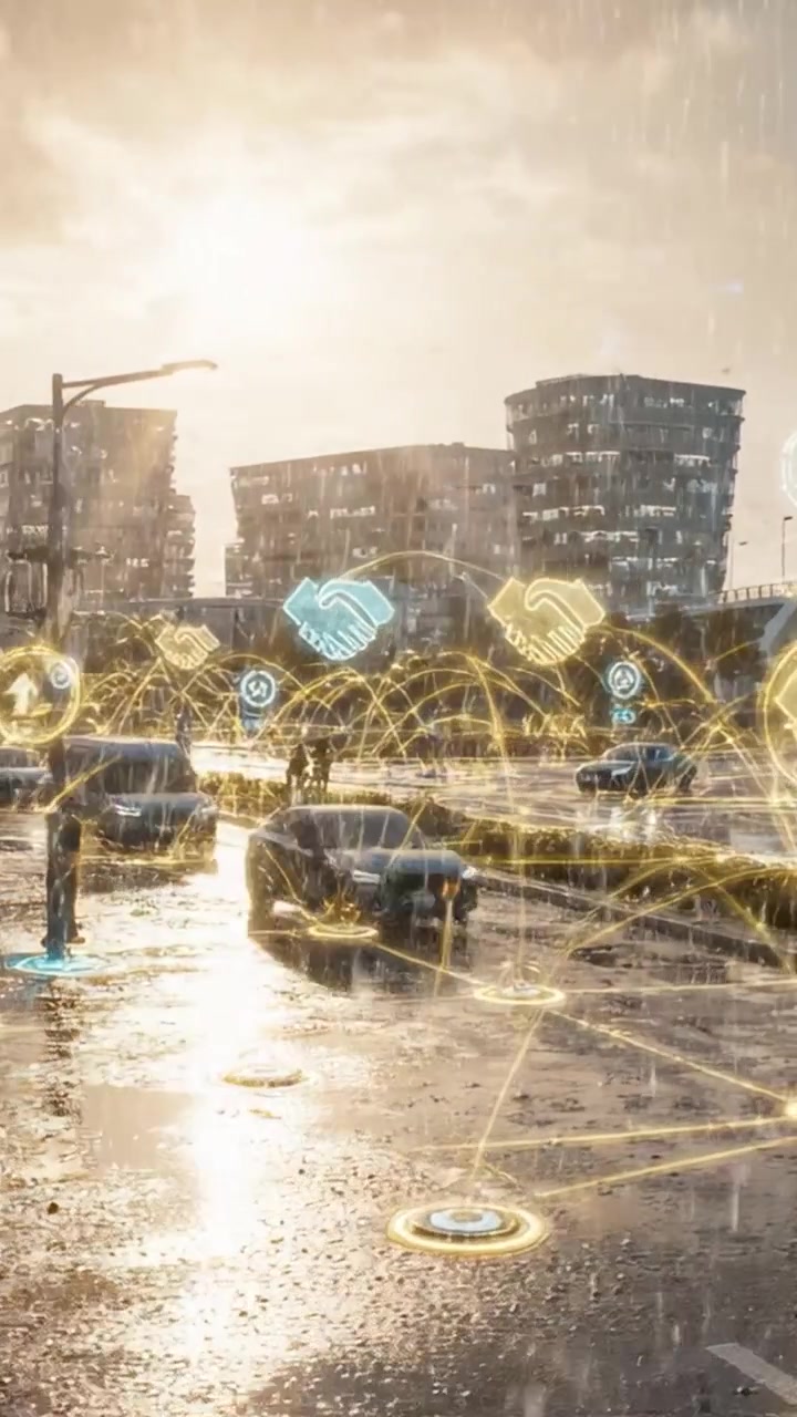 A vibrant urban scene featuring a rainy day with people observing the traffic, illuminated by the sun and enhanced by digital connectivity graphics in a modern city.