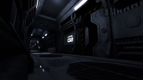 asustadizo pasillo vacío de nave espacial de ciencia ficción con alarma de evacuación.