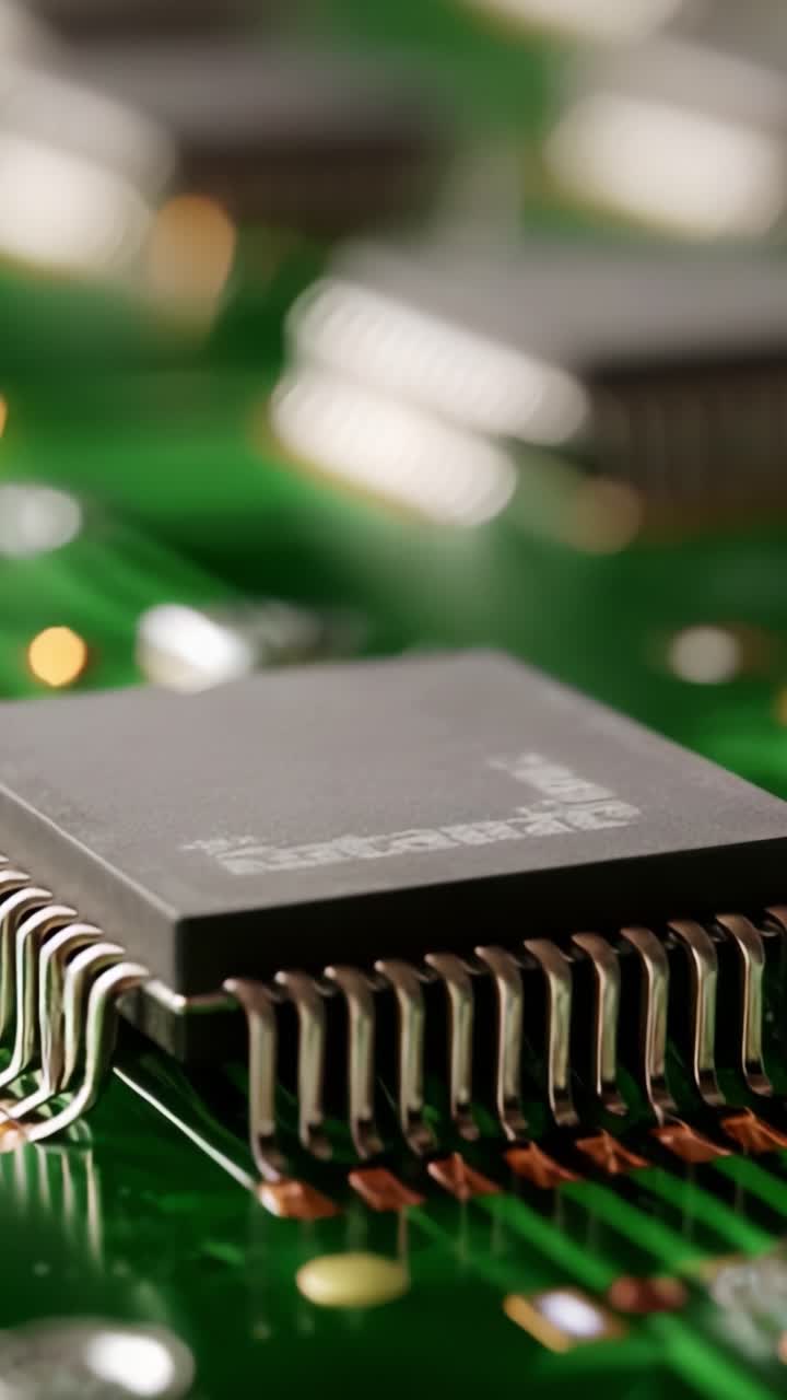 Detailed Close-Up of a Computer Chip on a Circuit Board, Highlighting Intricate Connections and Microprocessor Technology in Modern Electronics