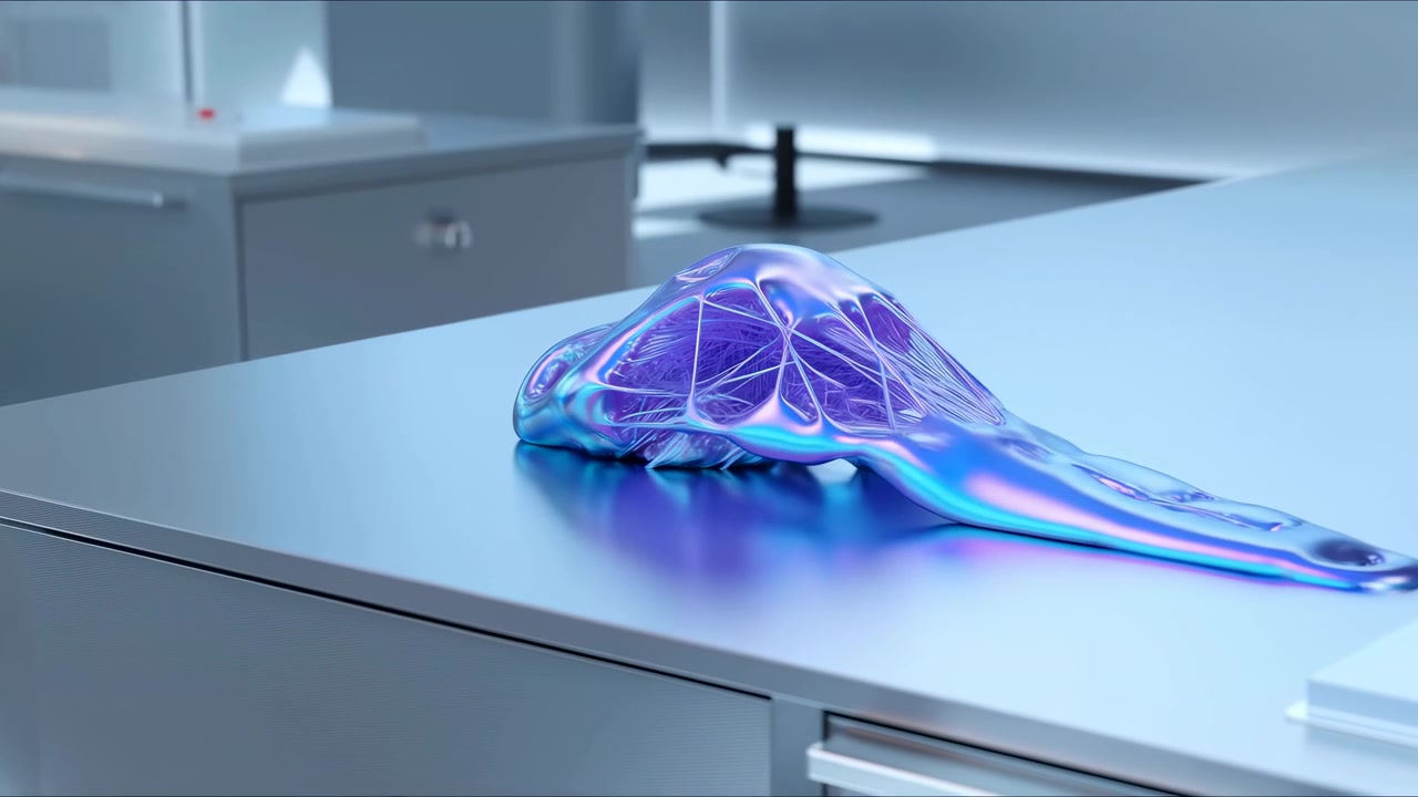 Futuristinen läpinäkyvä esine pyörii ja liikkuu pinnalla puhtaassa, modernissa laboratoriossa tai työtilassa, jossa on valkoisia pintoja, valkoinen laboratoriopöytä sekä violetteja ja sinisiä korostuksia.