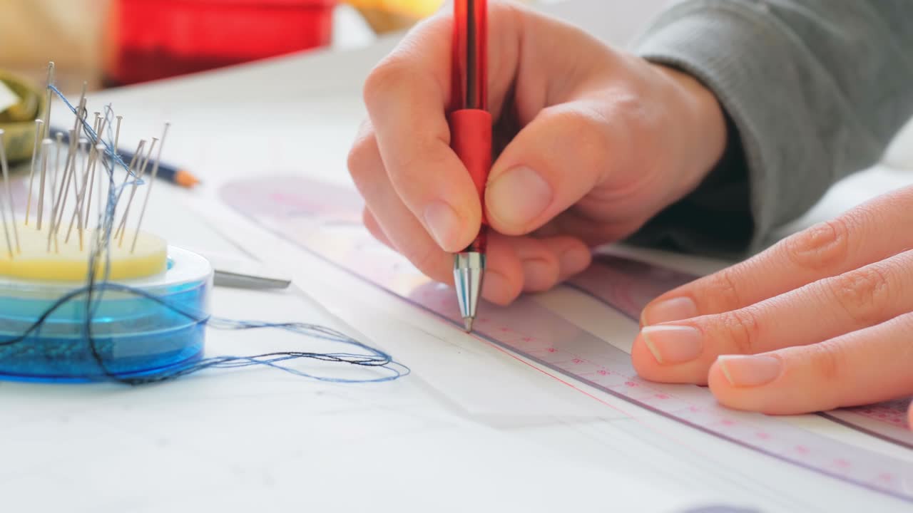 el diseñador de moda está desarrollando el diseño de un nuevo vestido. la joven diseñadora de moda está dibujando un patrón de un nuevo modelo de vestido. primer plano de una mano de una joven diseñadora, ella está ocupada en cortar un nuevo model de vestido