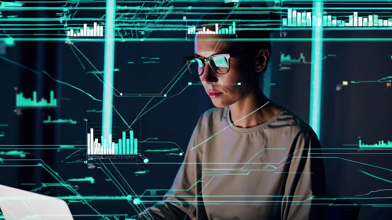 A woman in glasses works on a laptop, surrounded by digital graphs
