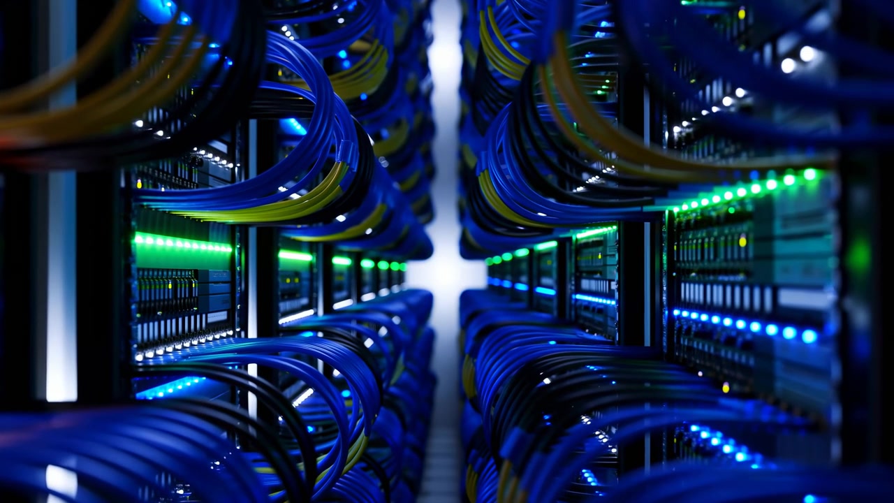 Densi fasci di cavi corrono lungo rack di apparecchiature opposti, incorniciando un corridoio centrale mentre file di luci di stato verdi e blu illuminano pannelli scuri in un interno fresco e poco illuminato.