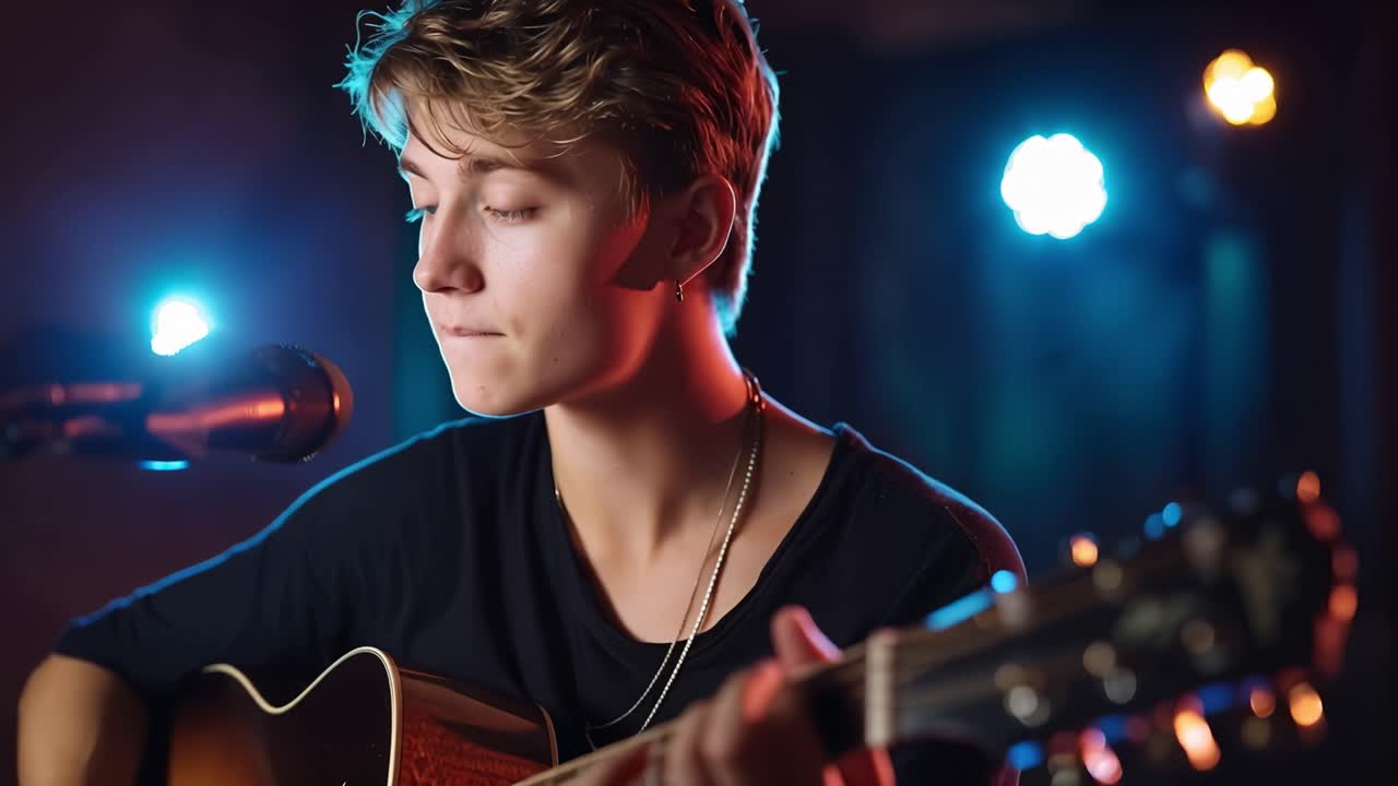 Ung musiker spiller akustisk guitar på scenen med farverige lys.