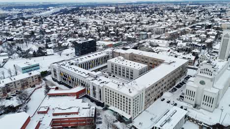 aerial view of the first stage of radio city in kaunas, lithuania, snow-covered winter landscape