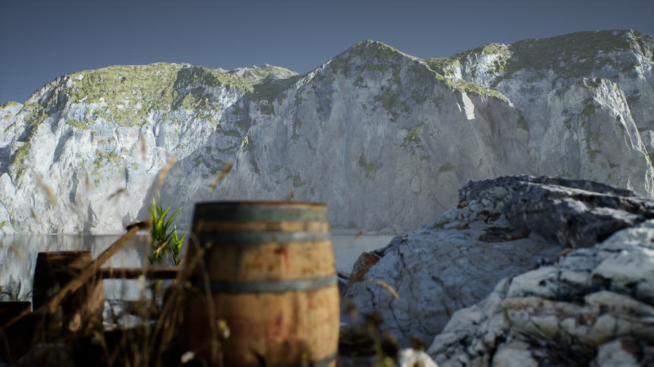 모래 해변 에 바다 물고기 가 있는 나무 통