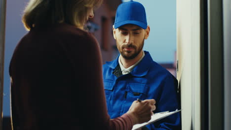 Rear-Of-The-Woman-Standing-At-The-Door-And-Signing-A-Document-When-Getting-A-Mail-Box-From-Courier