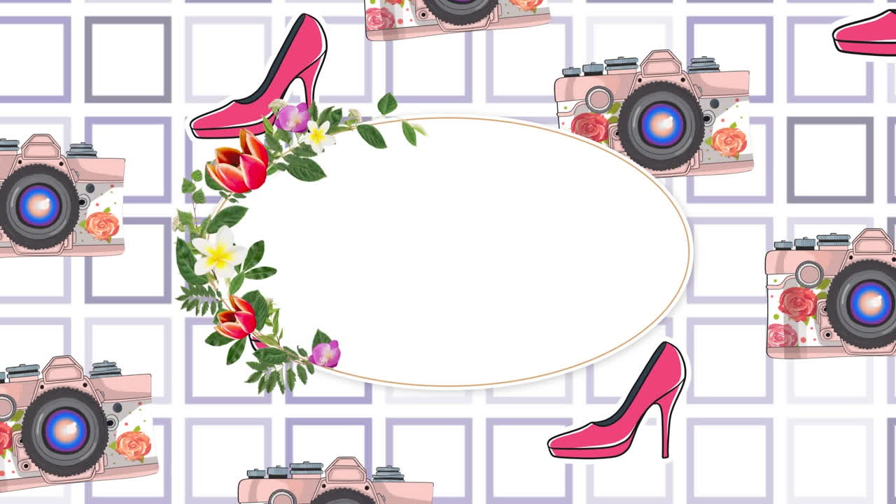 ⁇ 색 배경에 신발과 카메라 아이콘의 애니메이션