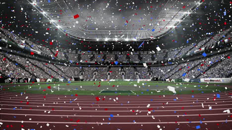 animation of blue and red confetti falling over sports stadium