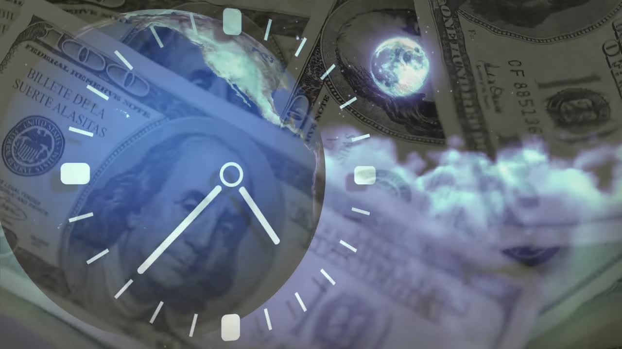 Animation of clock moving and globe over banknotes