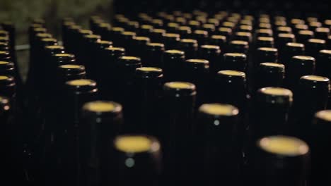 wine bottles stacked in a row in a winery, panning shot with light from background