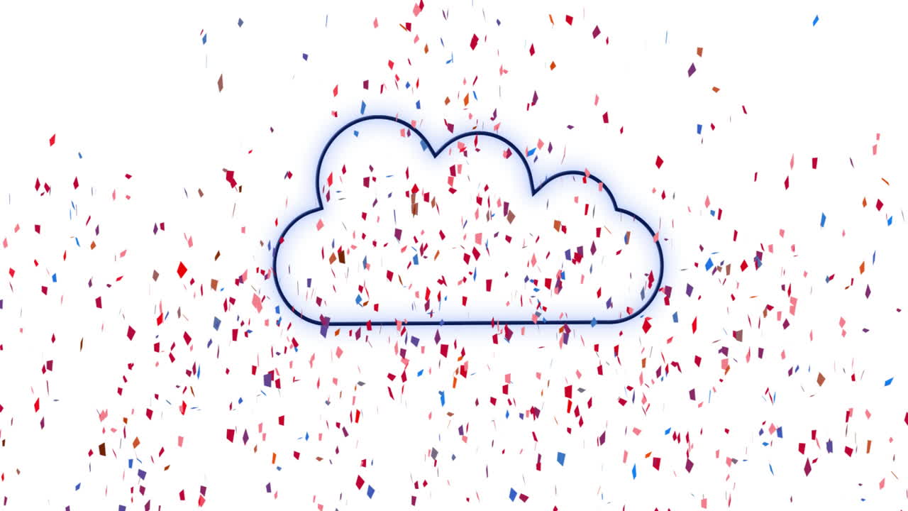 Confetti falling around animated cloud icon on white background