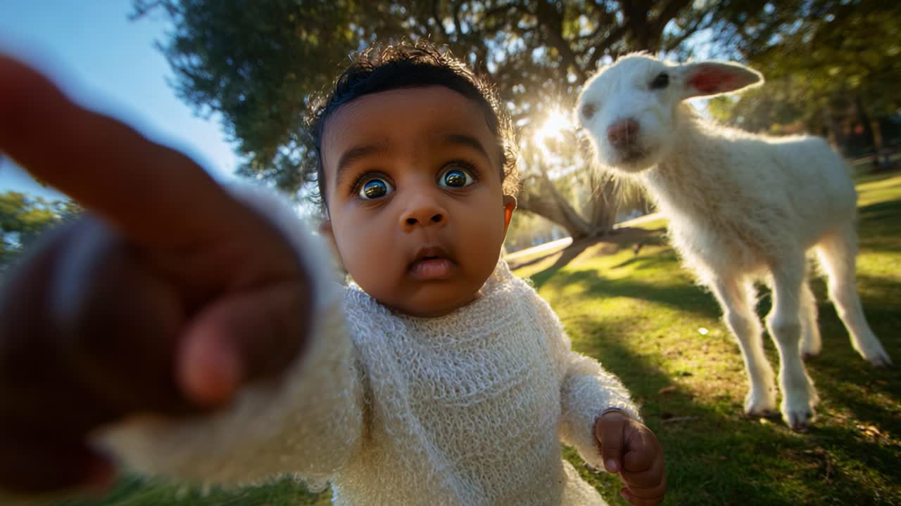 Um bebê visivelmente surpreso e um cordeiro curioso aproveitando uma brincadeira ao ar livre juntos, cercados por vegetação exuberante e luz natural brilhante, capturando um belo momento de inocência e alegria