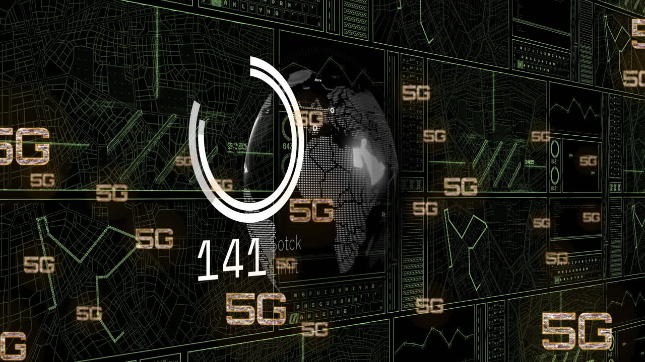 Animación de texto 5G, procesamiento de datos digitales y un globo terráqueo sobre fondo negro.