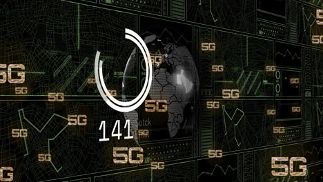 animación de texto 5g, procesamiento de datos digitales y globo sobre fondo negro