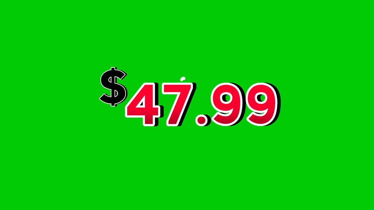$47.99 Dollars price tag animation motion graphics in bold red numbers on green screen background with smoke effects. dollar symbol is displayed prominently perfect promotions,banners, marketing