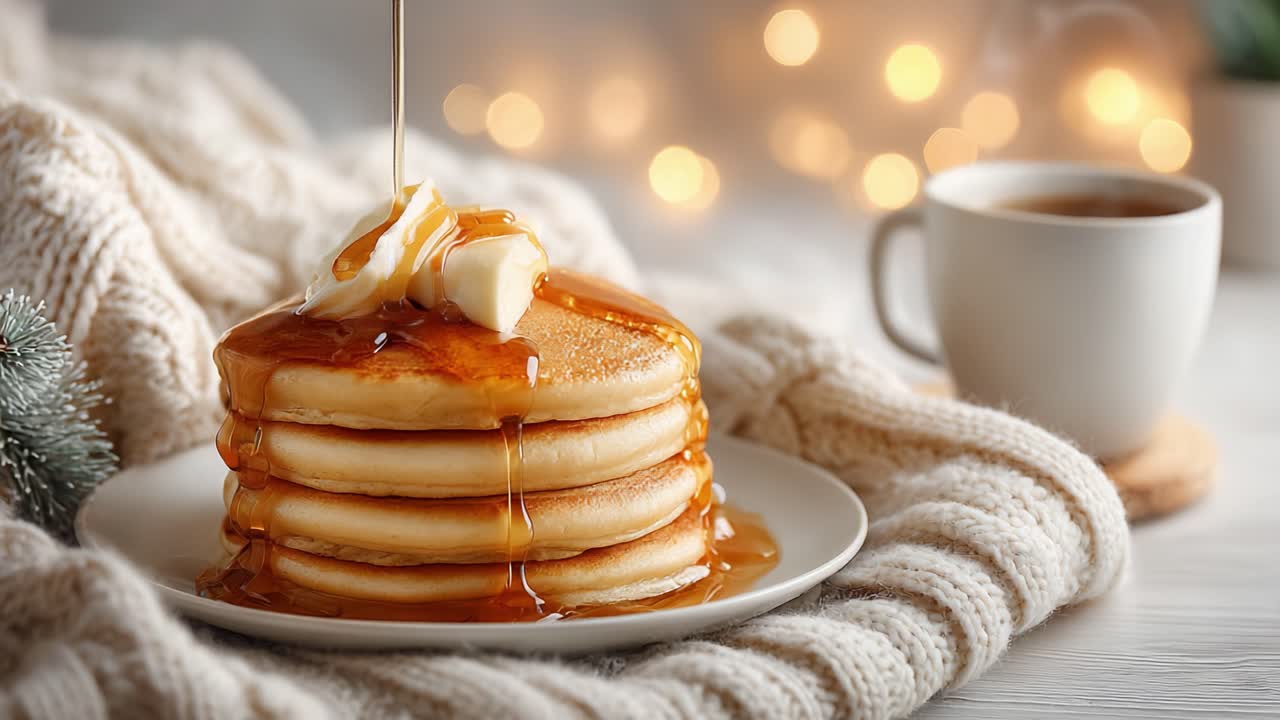 Delicious Stack of Pancakes Drenched in Maple Syrup with a Pat of Butter on Top, Accompanied by a Warm Cup of Coffee in a Cozy Atmosphere