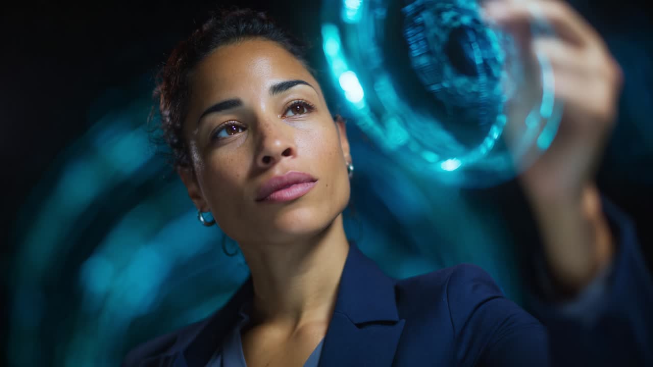 Captivating Focus: A Professional Woman Analyzing a Transparent Object with Intricate Designs While Illuminated by Dynamic Blue Lighting in a Studio Environment
